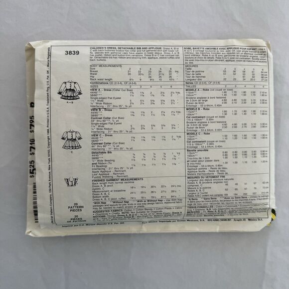 Vtg McCalls EASY Sewing Pattern 3839 Toddler Ruffled Dress Detachable Bib Sz 2-4 - Picture 3 of 3